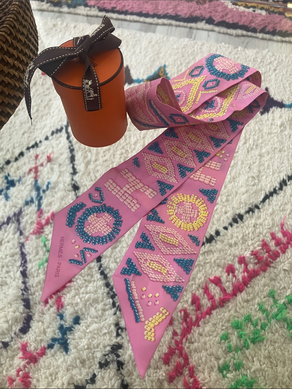 Hermes Pink Beaded-Print Silk Twilly Scarf